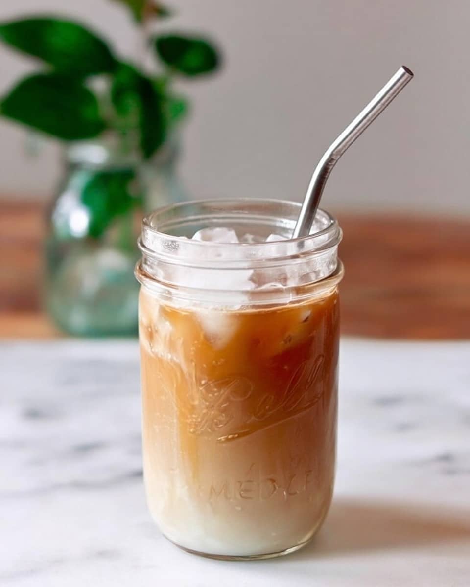 This image shows a clear glass jar filled with an iced coffee drink layered with milk at the bottom, a light brown coffee mix in the middle, and white foam on top. The drink has ice cubes visible in the liquid layers. A shiny metal straw is placed inside the jar, leaning slightly to the left. In the background, there is a blurred small glass with green leaves on a white marbled surface. photo taken with an iphone --ar 4:5 --v 7