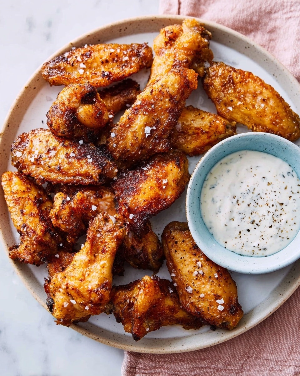 A white plate filled with about twelve golden-brown chicken wings, with crispy textured skin showing some char marks and sprinkled sea salt flakes on top. On the right side of the plate, there is a small white bowl with a light blue rim, holding creamy white dipping sauce speckled with black pepper. The plate sits on a soft pink cloth, all placed on a white marbled surface. photo taken with an iphone --ar 4:5 --v 7