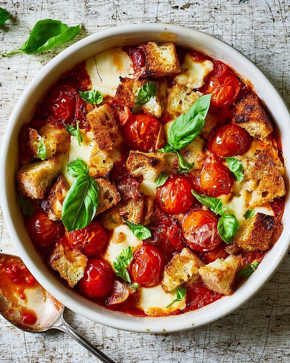 The image shows a white bowl filled with a layered dish starting with a deep red tomato sauce base. On top of this sauce, there are whole bright red cherry tomatoes scattered evenly. Over the tomatoes, irregular chunks of melted white cheese melt into the sauce, creating creamy pools. Large golden-brown toasted bread cubes with a crispy texture are spread thickly over the top. The dish is finished with fresh bright green basil leaves placed sporadically on the surface. The bowl sits on a white marbled textured surface, and to the left, a tarnished spoon with some red sauce remains is visible. Photo taken with an iphone --ar 4:5 --v 7