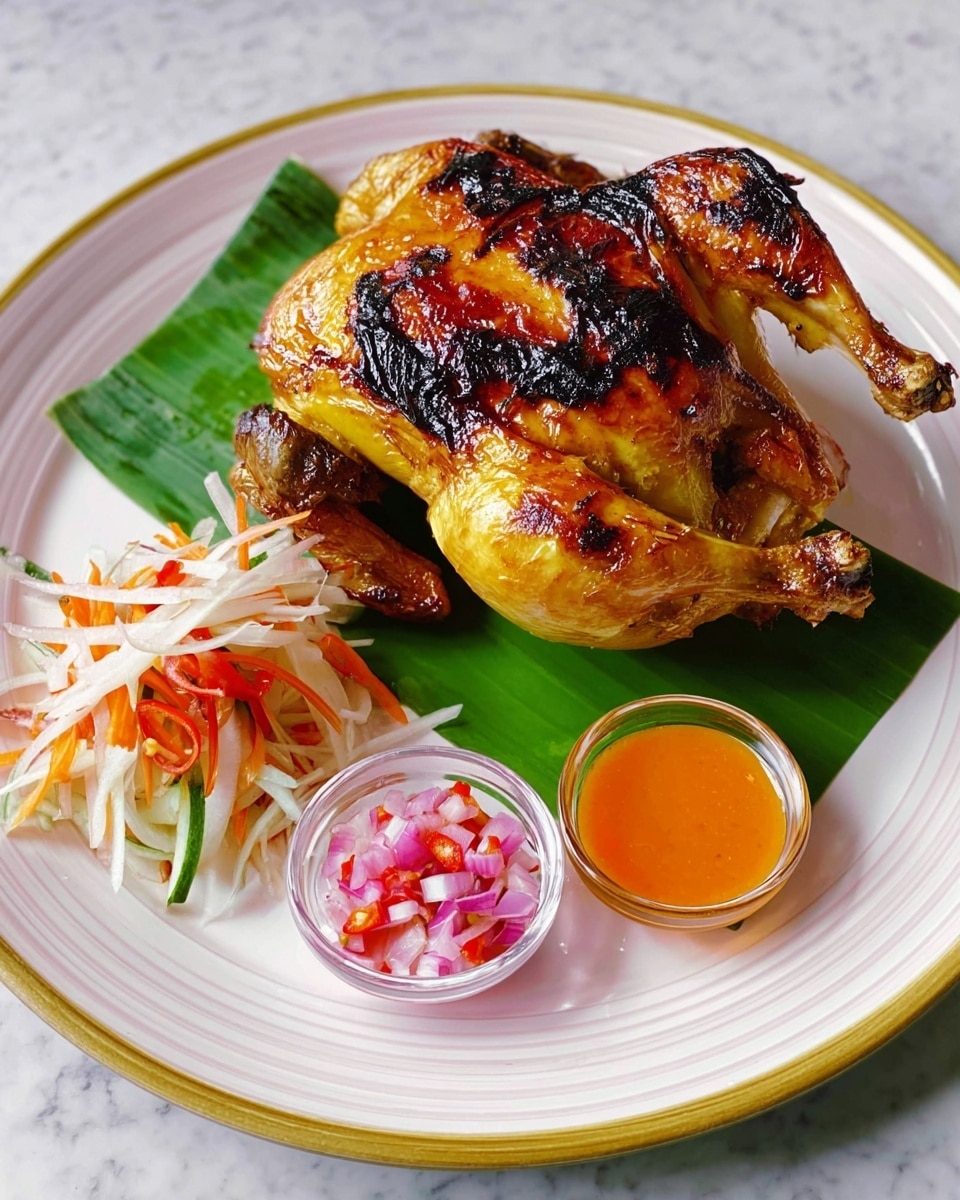 The image shows a whole roasted chicken with golden-brown and slightly charred skin placed on a green banana leaf. To the left of the chicken is a small pile of thinly sliced vegetables in white, orange, and red colors, resembling a fresh salad. Below the chicken, there are two small clear glass bowls; one contains a vibrant orange sauce and the other has a pinkish mix of diced onions and red peppers. All items are arranged on a white plate with subtle ridges and a thin yellow rim, which rests on a white marbled surface. photo taken with an iphone --ar 4:5 --v 7