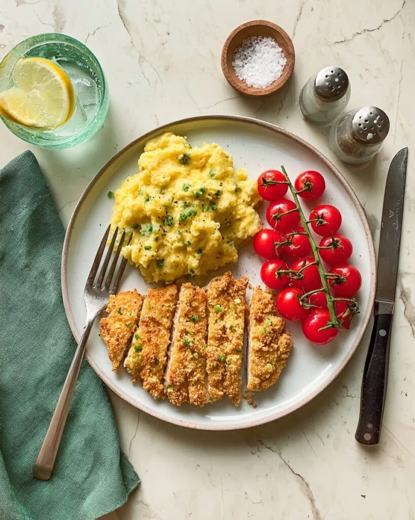 Healthy Baked Chicken Schnitzel with Creamed Corn and Roasted Cherry Tomatoes Recipe