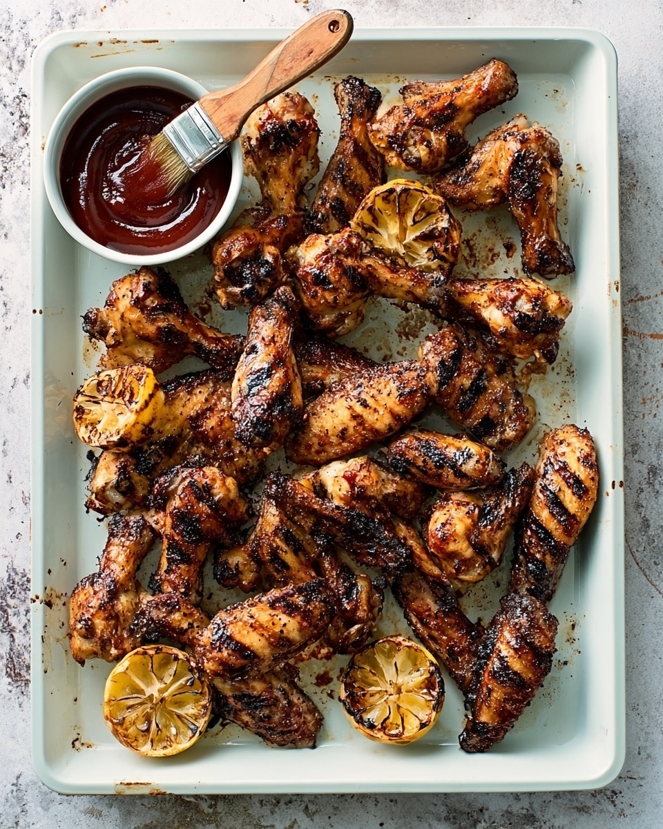 A white rectangular tray holds a large pile of grilled chicken wings, each wing with a dark, charred, and crispy skin showing rich brown and black colors. Scattered among the wings are three grilled lemon halves, slightly browned and caramelized, adding a bright yellow and light brown contrast. On the left side of the tray, there is a small white bowl filled with a red-brown barbecue sauce, and a brush with a wooden handle rests in it. The tray sits on a white marbled surface. photo taken with an iphone --ar 4:5 --v 7