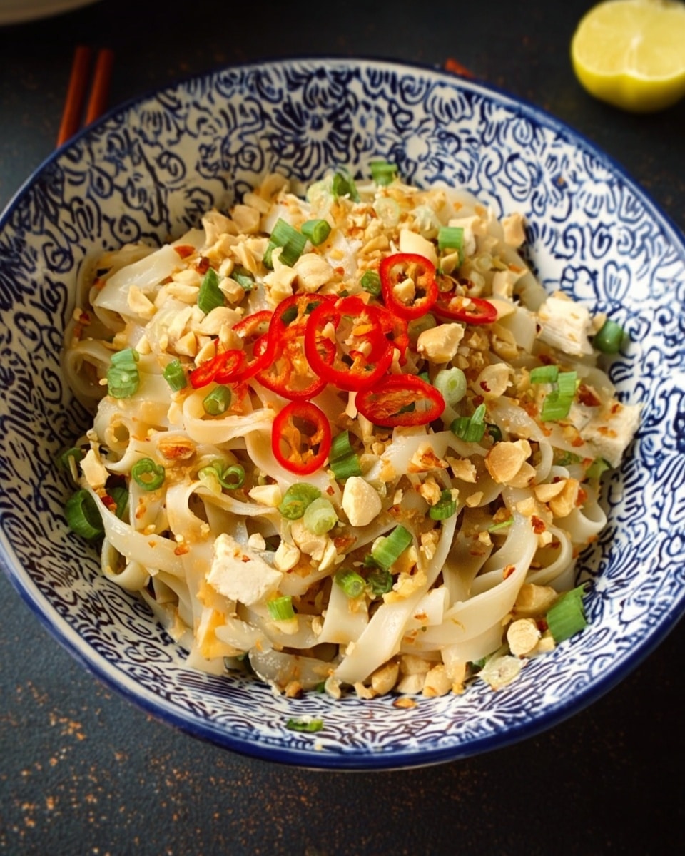 A white bowl with blue patterns holds several layers of food. The base layer consists of light brown stir-fried noodles mixed with small green onion pieces. On top of this is a layer of scattered crushed peanuts and bright red chili slices. The noodles appear glossy with a slightly oily texture, and there are visible pieces of cooked egg mixed throughout. The bowl is placed on a dark surface with a pair of wooden chopsticks and a lemon wedge nearby. Photo taken with an iphone --ar 4:5 --v 7