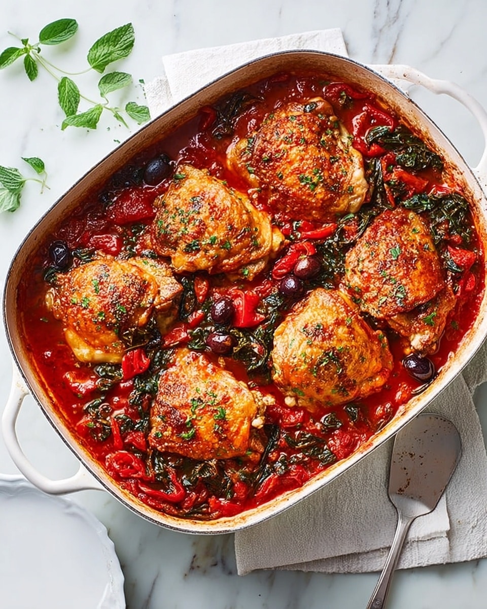 The image shows a white rectangular baking dish filled with a cooked meal. There are four golden-brown chicken thighs placed on top of a red tomato-based sauce with visible pieces of red peppers and some dark green herbs scattered throughout. The sauce looks rich and thick, with some glossy texture around the edges of the chicken. The baking dish is set on a white cloth, and a few fresh green herbs lie beside it on a clean white marbled surface, with a white plate and a spatula partially visible in the lower right corner. Photo taken with an iphone --ar 4:5 --v 7