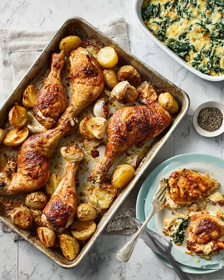 Roast Chicken with Squashed New Potatoes and Cheesy Creamed Spinach Recipe