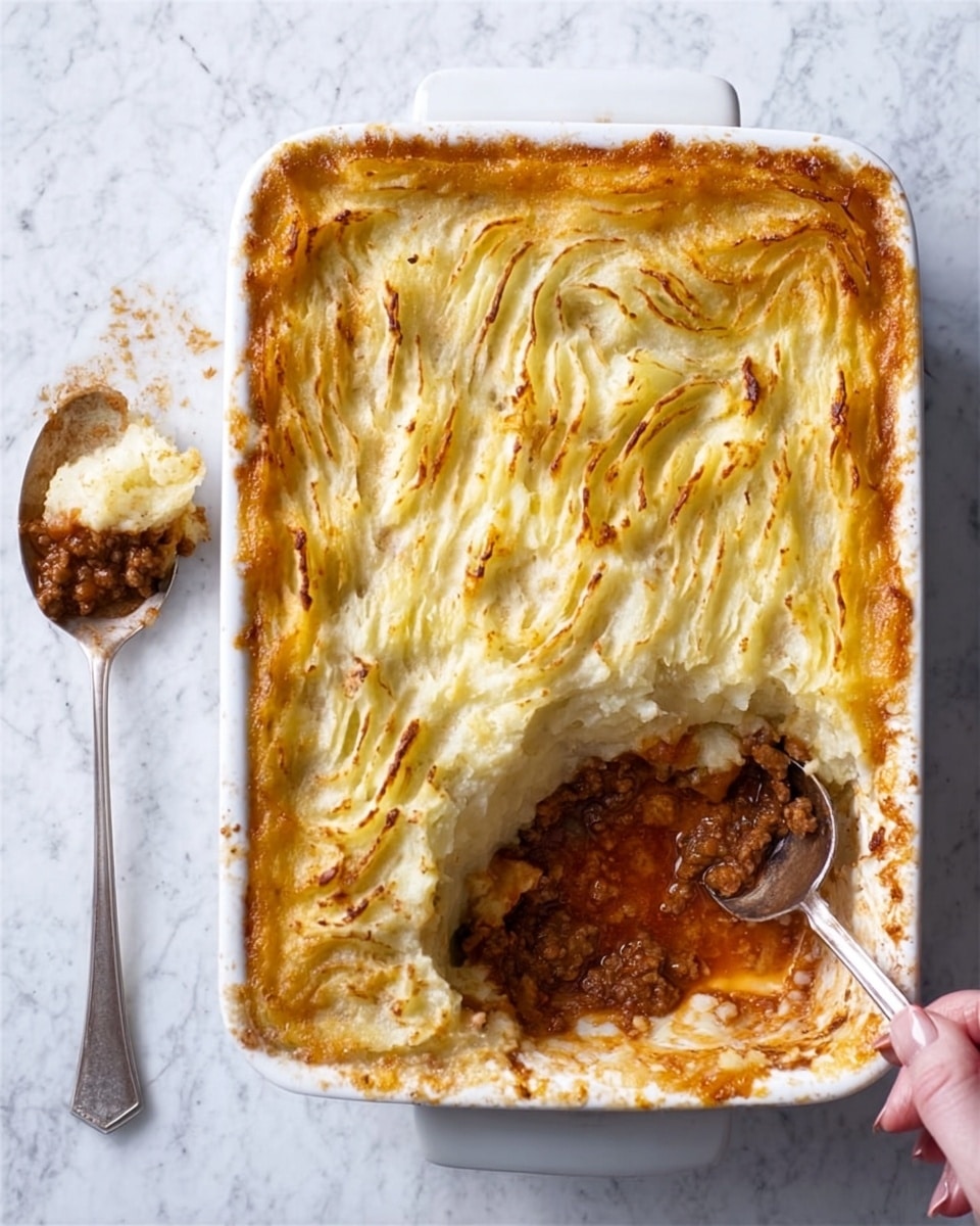 A rectangular white ceramic dish holds a layered shepherd's pie with a missing portion in the bottom left corner, revealing three clear layers: the top layer is a creamy, light golden mashed potato with textured swirls and slight browning on the edges; beneath it is a rich, reddish-brown meat sauce with visible small meat bits; the bottom layer is a soft, pale mash or sauce that blends into the meat. To the left of the dish, a silver spoon with some pie remnants rests on a white marbled surface, and a woman's hand is reaching for the spoon. The photo taken with an iphone --ar 4:5 --v 7