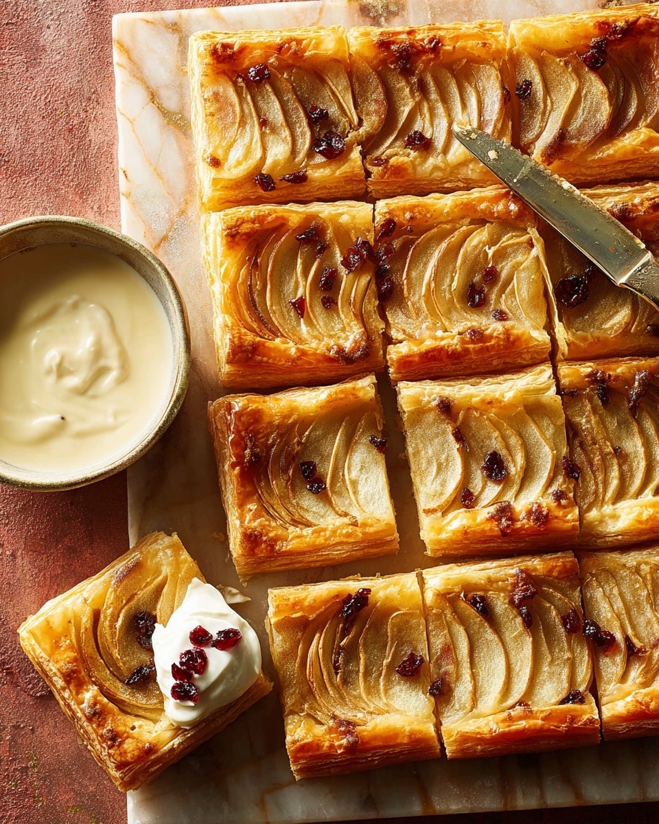 The image shows a tray with twelve rectangular pieces of puff pastry tart, arranged in three rows and four columns. Each tart has a golden-brown crispy crust, topped with evenly thin slices of light brownish apple arranged in a layered circular pattern. One piece in the bottom left corner is slightly pulled out, revealing a creamy white topping, dark red berries, and a soft inside. Next to the tray, there is a small white bowl containing a creamy beige sauce with a smooth texture. The tray sits on a surface with a white marbled texture. Photo taken with an iphone --ar 4:5 --v 7