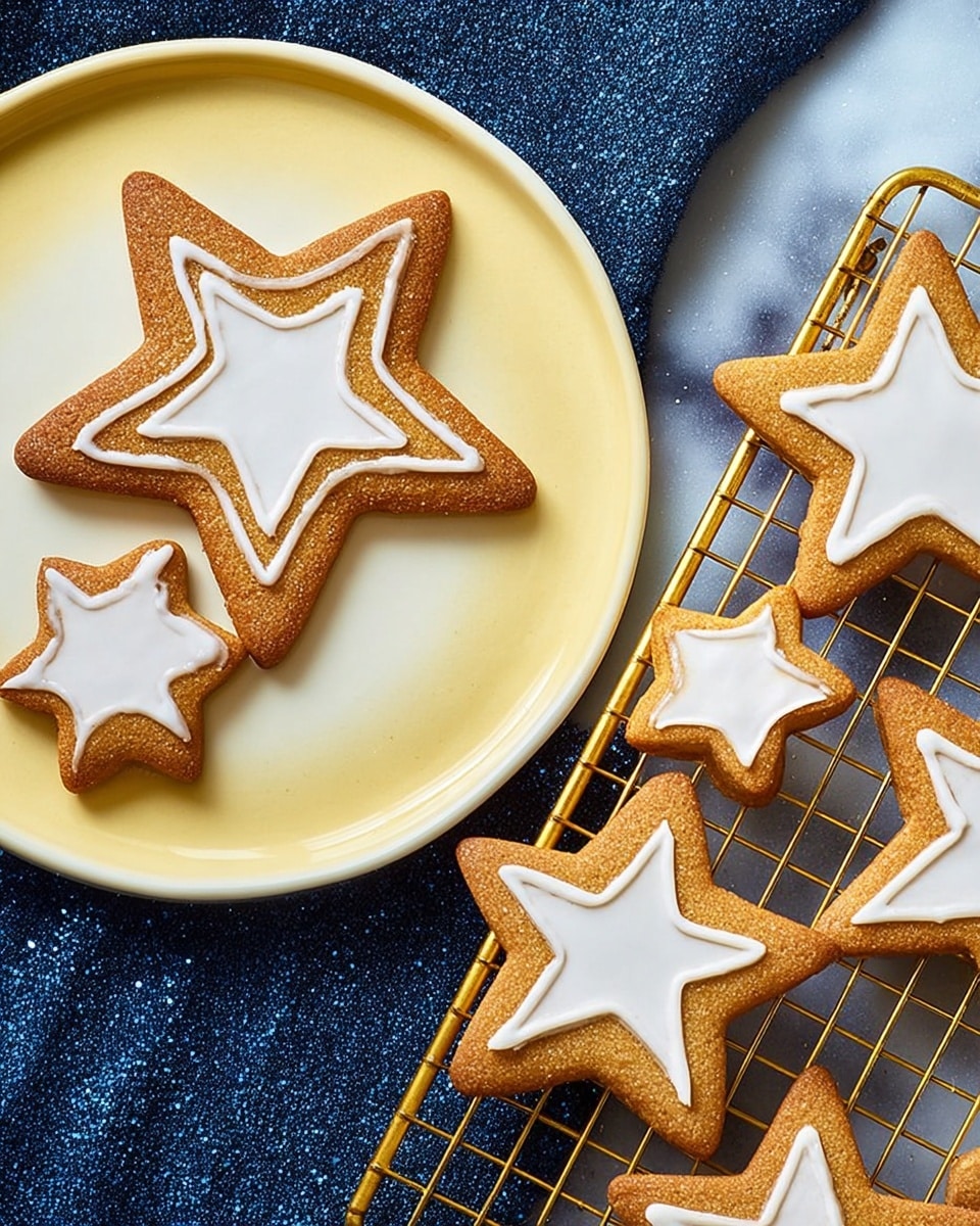 The image shows several star-shaped cookies with a light brown color and a smooth texture. Each cookie is decorated with a simple white icing outline around its edges. There are three cookies on a white plate at the left side of the image: one large cookie and two smaller ones overlapping slightly. On the right side, more cookies rest on a golden cooling rack, arranged with a similar pattern of icing borders. The background has a white marbled texture beneath a blue cloth. photo taken with an iphone --ar 4:5 --v 7