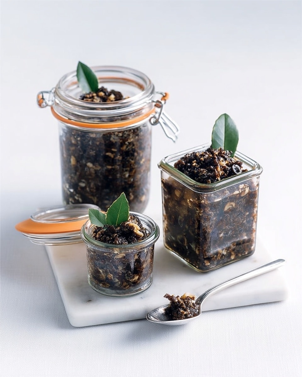 The image shows three clear glass jars with orange rubber seals, filled with a dark chunky mixture that looks like a mix of black olives and nuts. The jars are placed on a clean white marble surface. One jar is round and squat, the second is a tall rectangle, and the third is small and round with its lid open. Each jar has a single green bay leaf on top. A silver spoon with some of the mixture is lying on the surface in front of the jars. The photo is bright and clean, with soft natural light and no other objects around. photo taken with an iphone --ar 4:5 --v 7