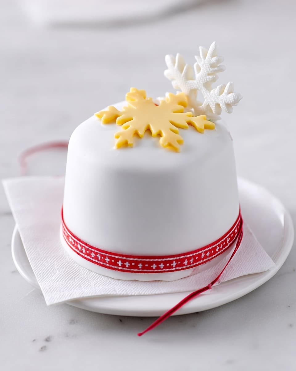 A small, round cake covered smoothly in white icing stands alone on a white plate lined with white paper. The cake is decorated on top with a large yellow star shape surrounded by small white star shapes, all made from icing. Around the base of the cake, a thin red ribbon with white stitches is loosely wrapped, adding a bright color detail. The scene sits on a white marbled surface with a soft, blurred background. photo taken with an iphone --ar 4:5 --v 7