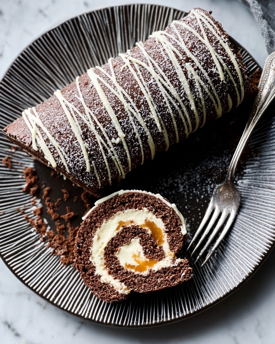 A chocolate roll cake lies on a round white plate with textured edges, placed on a white marbled surface. The cake has a smooth dark brown outer layer dusted lightly with powdered sugar, and it is decorated with evenly spaced diagonal lines of pale yellow cream drizzled across the top. Next to the roll is a thick slice cut to show the inside, revealing three layers: a dark chocolate cake outer layer, a middle section of light cream filling, and a swirl of caramel sauce inside the cream. A silver fork rests next to the slice, partially inserted into it, with a bit of cake on the tines. The overall feel is rich and inviting with contrasting colors and textures. photo taken with an iphone --ar 4:5 --v 7