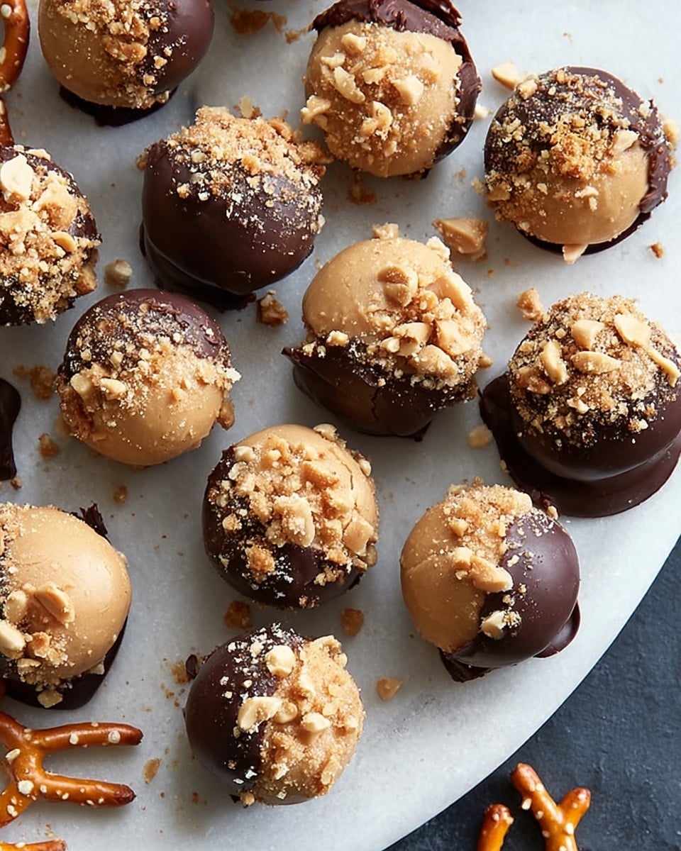 The image shows a close-up of round peanut butter balls on a dark surface, each dipped halfway in chocolate and rolled in crushed nuts, giving a mix of tan, dark brown, and light golden colors with a rough texture from the nuts. They are arranged in clusters, some stacked lightly on top of each other, revealing smooth peanut butter sides and glossy chocolate coating. In the corner, there is a white bowl filled with pieces of broken chocolate bark topped with pretzels and nuts, adding contrast with creamy white, brown, and golden hues. The overall look is rich and inviting, with a focus on the textured, layered peanut butter balls and the mix of colors. Photo taken with an iphone --ar 4:5 --v 7
