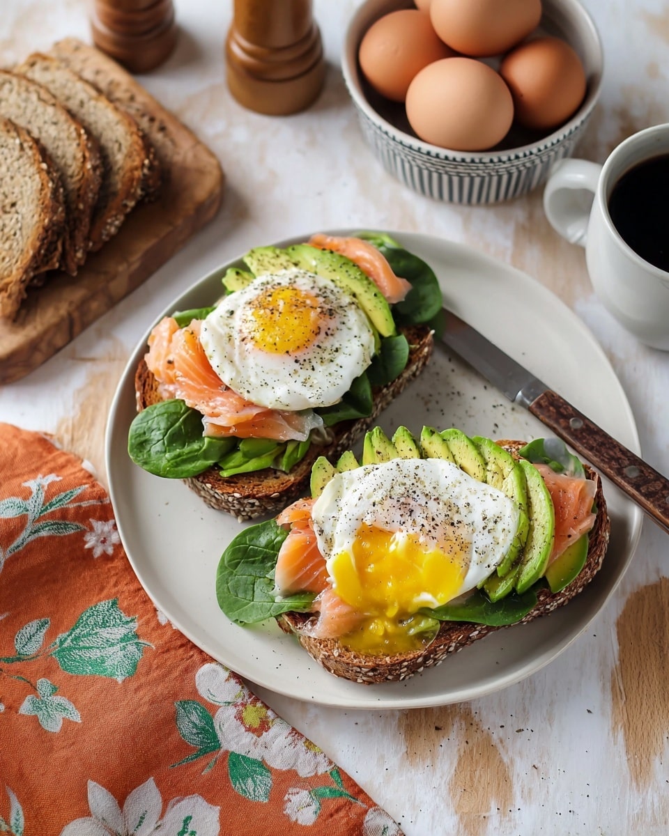 Two slices of toasted multi-grain bread sit on a white plate with green spinach leaves as the base. On top of the spinach are neatly fanned slices of bright green avocado, followed by folded pieces of light pink smoked salmon. Each piece of toast is topped with a fried egg, with the yolk broken on one to show a rich, runny yellow center spilling onto the toast, sprinkled with black pepper. The plate is placed on a white marbled surface, surrounded by a wooden knife with a lightly worn handle resting on an orange napkin with green and white floral patterns. Nearby are a white bowl with three brown eggs, a small stack of sliced bread, a pepper grinder, and a white cup filled with black coffee. Photo taken with an iphone --ar 4:5 --v 7