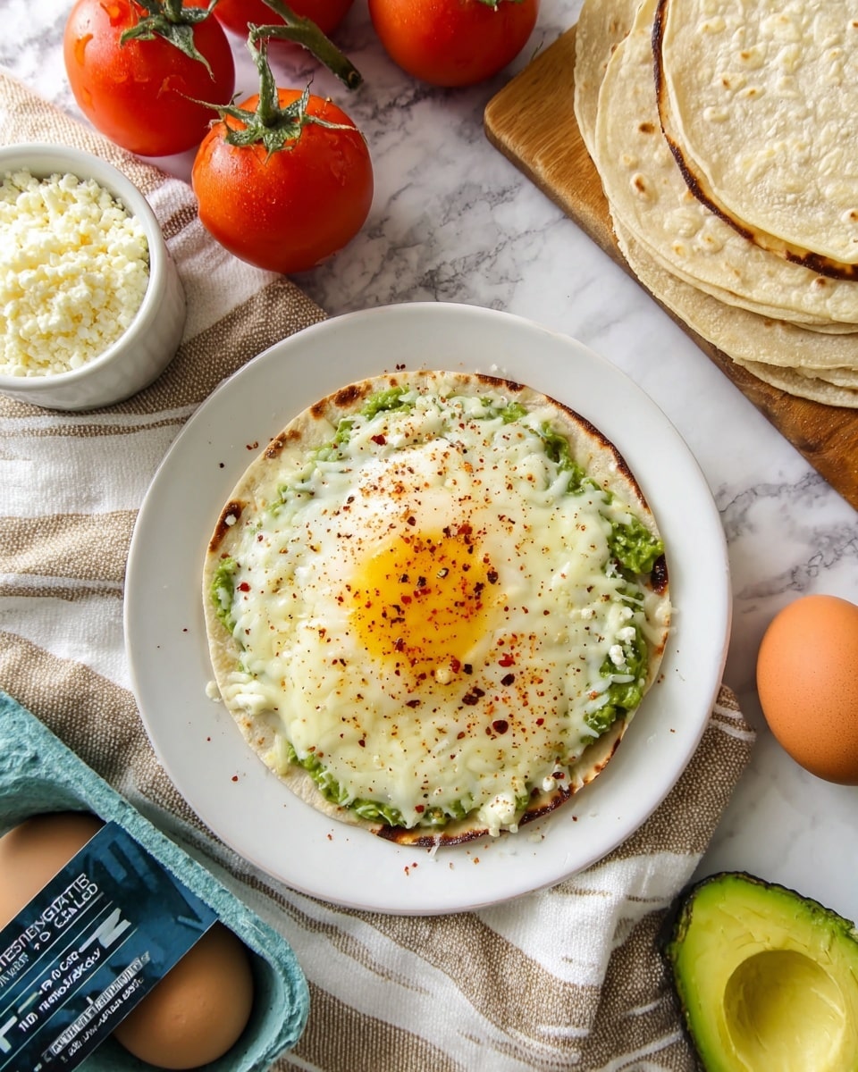 A white plate holds a layered open flatbread dish starting with a warm, lightly charred flatbread base. On top, there is a layer of fresh bright green lettuce covering part of the flatbread. Above the lettuce, there is a melted layer of white cheese with a slightly browned and bubbly texture around the edges. Centered on the cheese layer is a sunny side-up fried egg with a vibrant yellow yolk, slightly glossy, and sprinkled with crushed red pepper flakes and dried herbs. The dish is surrounded by fresh tomatoes on the vine, a halved avocado showing its green interior, a bowl of crumbled cheese, and a carton of free-range eggs. The setting is all on a soft beige cloth over a white marbled surface. Photo taken with an iphone --ar 4:5 --v 7