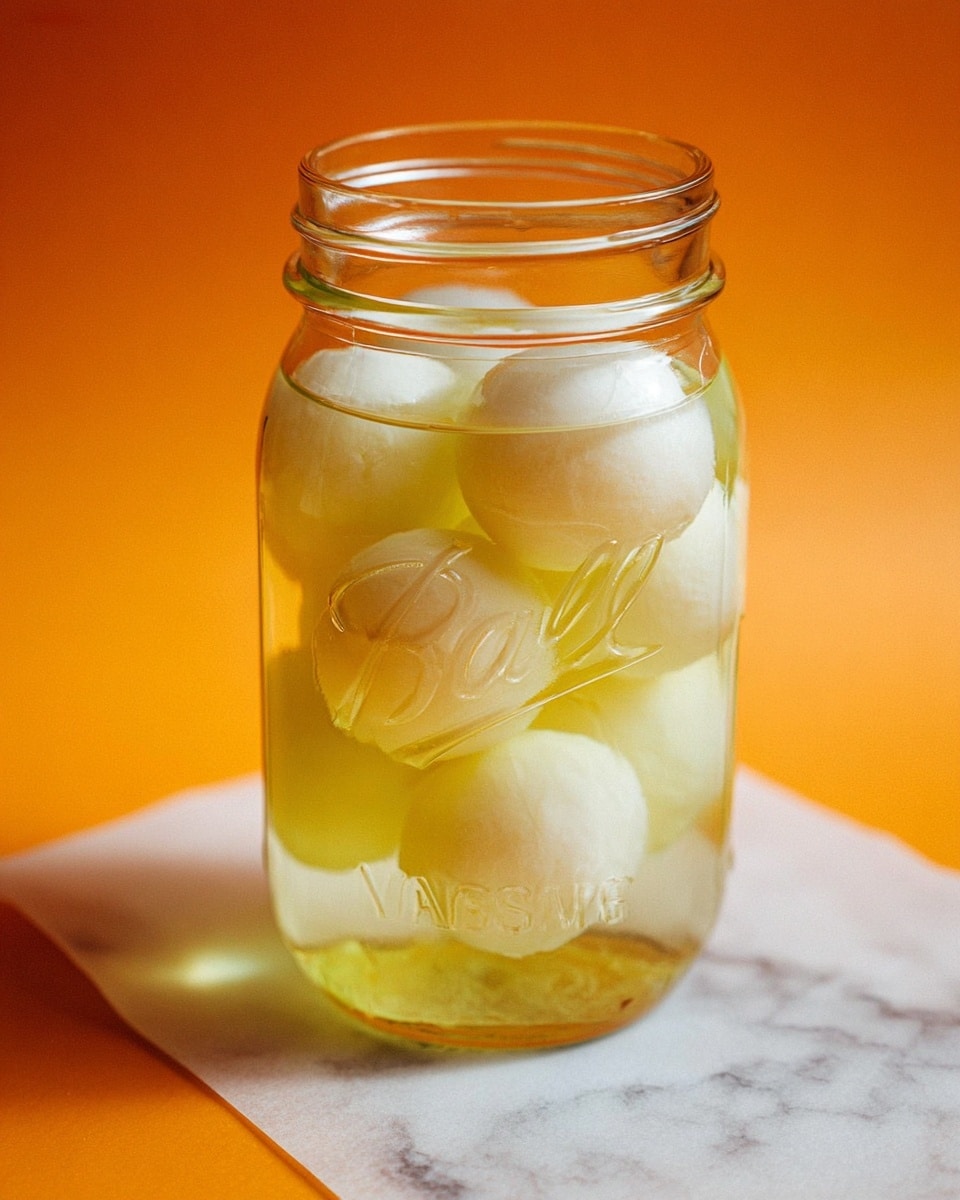 A clear glass jar filled with a pale yellow liquid and six round, soft white cheese balls inside, placed on crumpled white paper on a white marbled surface, with a bright orange background behind. Photo taken with an iphone --ar 4:5 --v 7