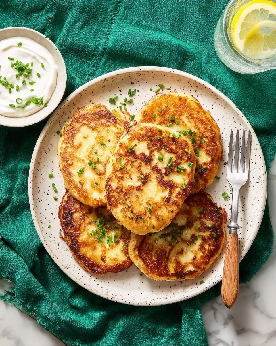 A white plate holds six golden brown, round fried patties stacked slightly over each other, with a crispy browned surface and sprinkled with small green chive pieces. A fork with a wooden handle rests on the plate near the top left side of the patties. Next to the plate, a small white bowl contains a smooth, creamy white sauce garnished with chopped green chives. The arrangement is set on a green cloth with a textured white marbled surface underneath. A glass of iced water with a lemon slice is placed to the top right of the plate, catching light reflections. photo taken with an iphone --ar 4:5 --v 7