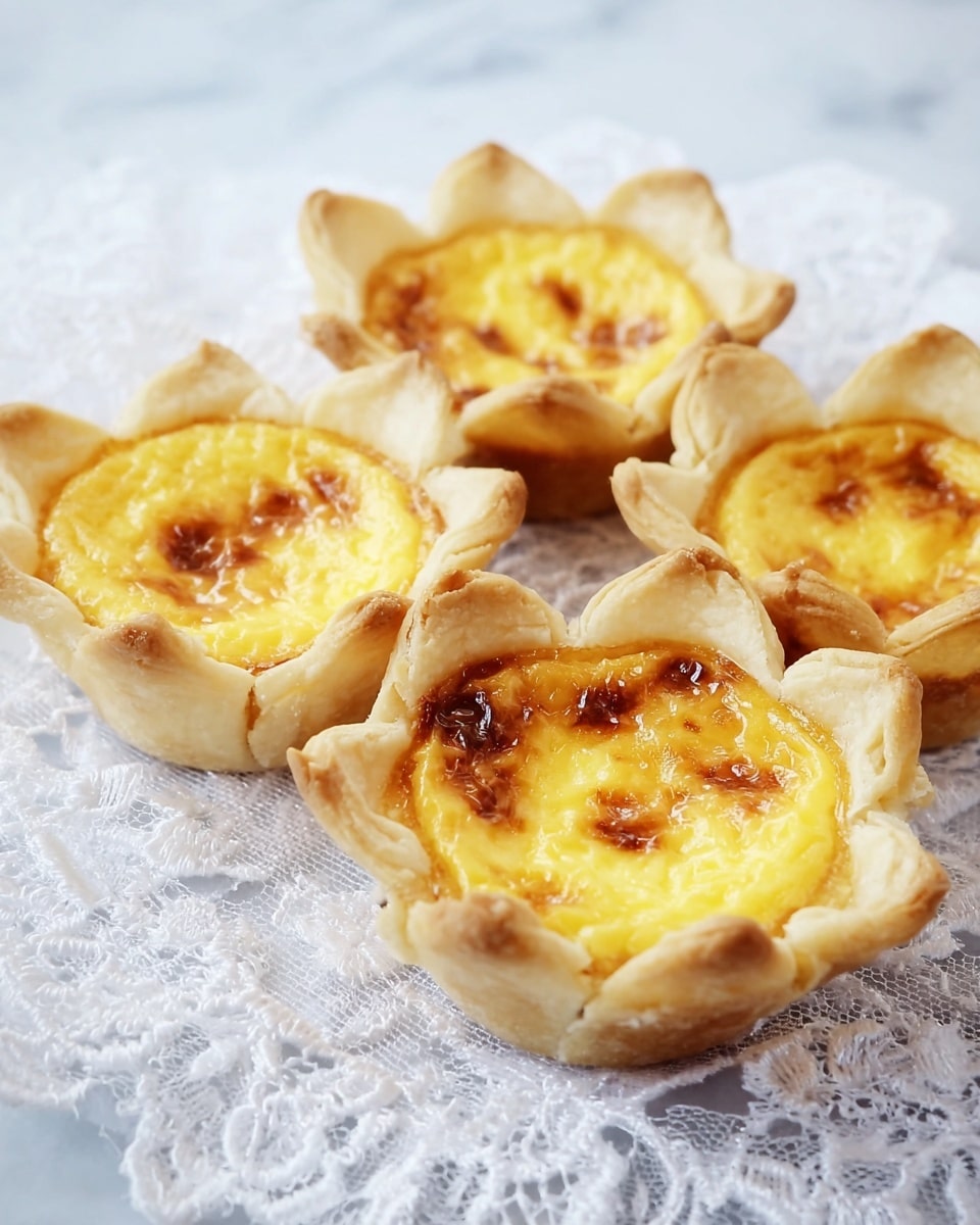 The image shows four small tartlets shaped like flowers, each with a crispy, light golden crust forming five rounded petals around the edges. Inside, there is a smooth, bright yellow egg filling that looks soft and slightly browned on top, with some small dark specks, probably seasoning. The tartlets are arranged on a delicate white lace fabric that contrasts softly with their warm colors. The overall scene feels light and airy, with soft daylight highlighting the textures of the crust and filling. photo taken with an iphone --ar 4:5 --v 7