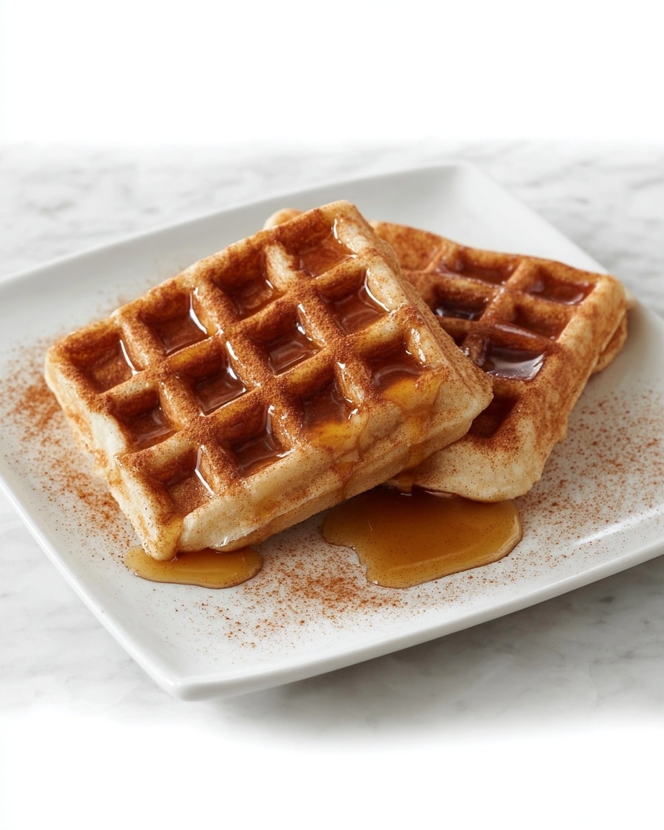 Two triangular light brown waffles with a slightly crispy texture are stacked on a white square plate, with syrup pooled in the square pockets and some syrup spilling onto the plate. There is a light dusting of cinnamon powder scattered around the waffles on the plate. The plate is set against a white marbled texture. photo taken with an iphone --ar 4:5 --v 7