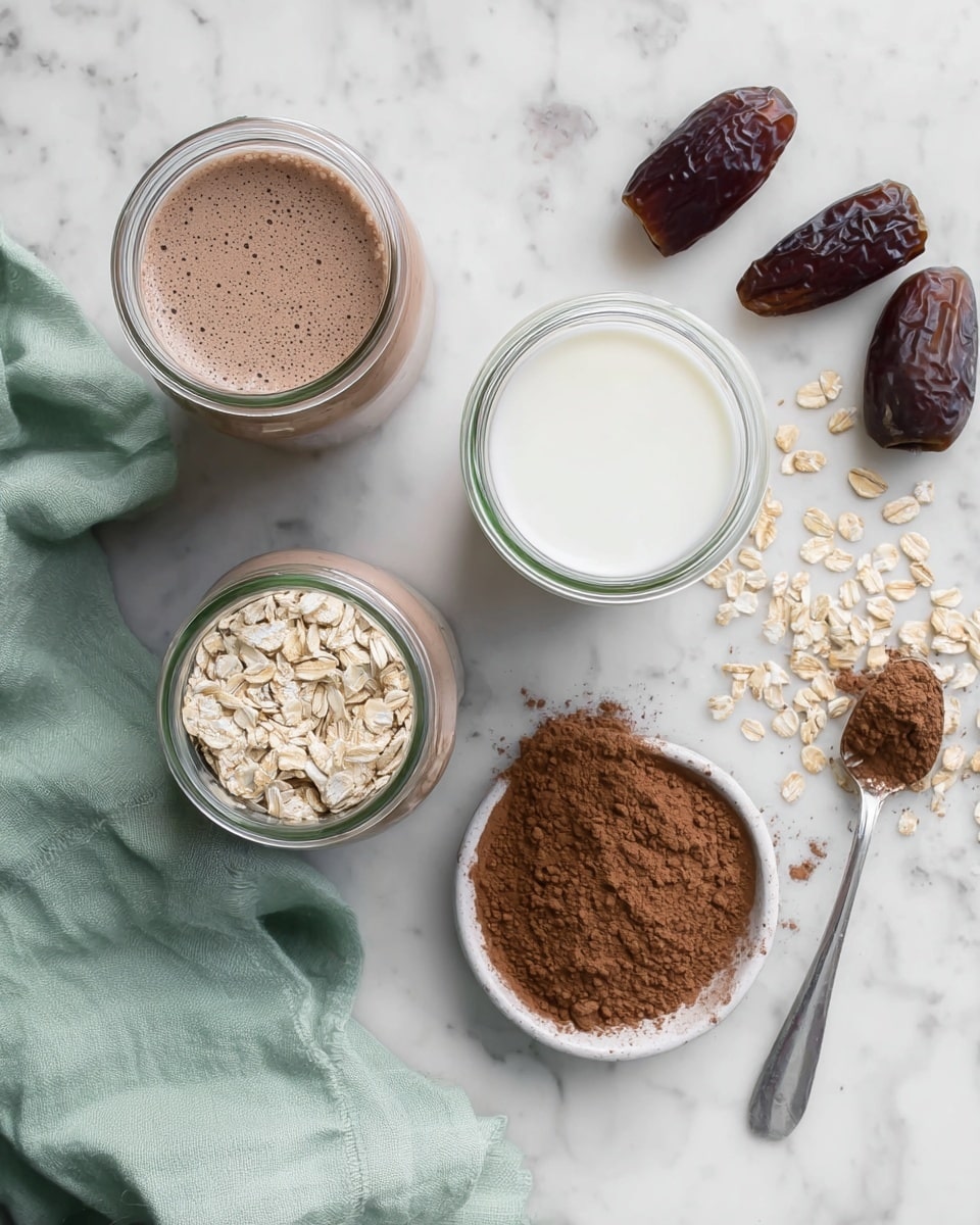 A top view shows a glass jar with bubbly chocolate milk on the left, next to a soft teal cloth that is partly folded. In the center, there is a small glass bowl filled with smooth white milk, with a cork lid above it. To the right, there is a small white bowl filled with brown cocoa powder, with some powder spread beside and on a spoon lying next to it. Three dark brown dates rest near the bowl, and scattered oat grains are spread across the white marbled surface. The arrangement is simple and natural, with soft lighting enhancing the textures. Photo taken with an iphone --ar 4:5 --v 7