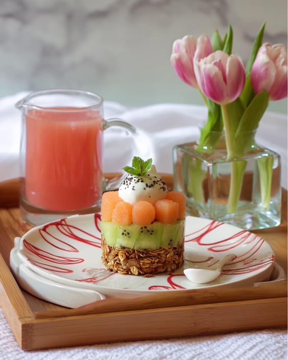 The image shows a three-layered dessert served on a white plate with red swirl patterns. The bottom layer is crunchy granola, followed by a middle layer of green kiwi pieces. The top layer is orange cantaloupe chunks shaped like a flower, crowned with a small dollop of white cream sprinkled with tiny black seeds and garnished with a few fresh green mint leaves. Next to the plate is a clear glass filled with light orange juice and a matching clear glass pitcher. To the right, there is a small glass vase holding pink tulips with green leaves. The whole setup is placed on a wooden tray with a white marbled background. photo taken with an iphone --ar 4:5 --v 7