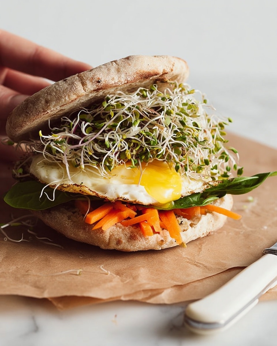 A sandwich with three main layers between two lightly browned flatbreads; the bottom flatbread supports a layer of thin, bright orange carrot strips, topped by a fried egg with a visible yellow yolk, then a layer of fresh green leafy spinach, and finally a thick pile of light green and white sprouts that spill slightly over the edges. The sandwich is placed on brown parchment paper over a white marbled surface, with a white-handled knife beside it and a few stray carrot strips around. Photo taken with an iphone --ar 4:5 --v 7