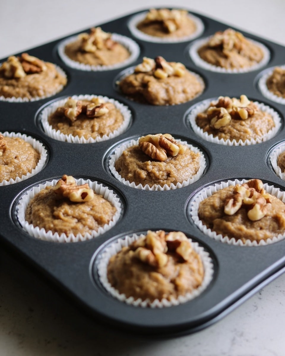 A dark gray metal muffin tray holds twelve white paper liners, each filled with pale brown muffin batter that looks thick and slightly rough in texture. Each batter mound is topped with a piece of walnut, showing a mix of light and dark brown colors. The tray sits on a white marbled surface and the background is softly blurred, focusing on the muffin tray. photo taken with an iphone --ar 4:5 --v 7