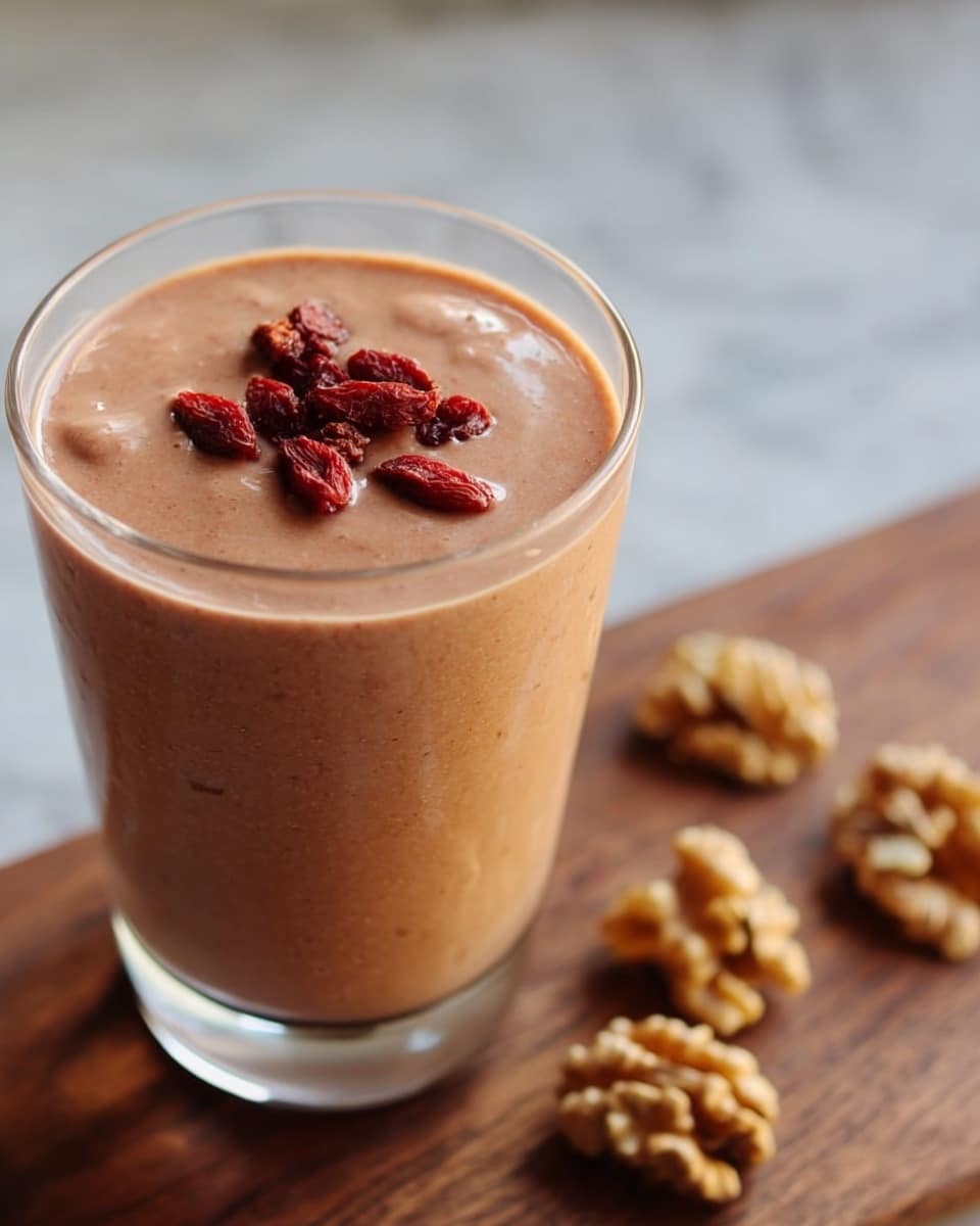 A clear glass filled with a thick light brown smoothie with a smooth texture sits on a wooden board, topped with several small, bright red dried berries scattered on the surface. Next to the glass, there are a few light brown walnut pieces placed casually on the board. The background is a white marbled texture. photo taken with an iphone --ar 4:5 --v 7