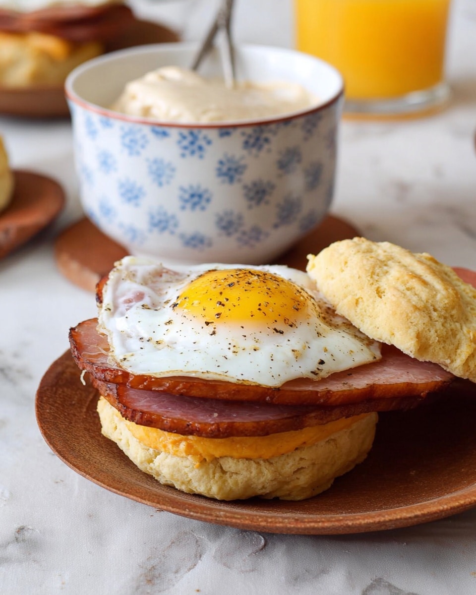 The image shows a breakfast sandwich on a white plate with a wooden look. The sandwich has three layers: a golden biscuit bottom, a thick piece of grilled ham in the middle, and a sunny-side-up egg on top with a bright yellow yolk and some black pepper sprinkled on it. The biscuit top is placed next to the sandwich. In the background, there is a white bowl with a blue pattern filled with a creamy spread, and a glass of orange juice. The surface beneath the plates is a white marbled texture. Photo taken with an iphone --ar 4:5 --v 7