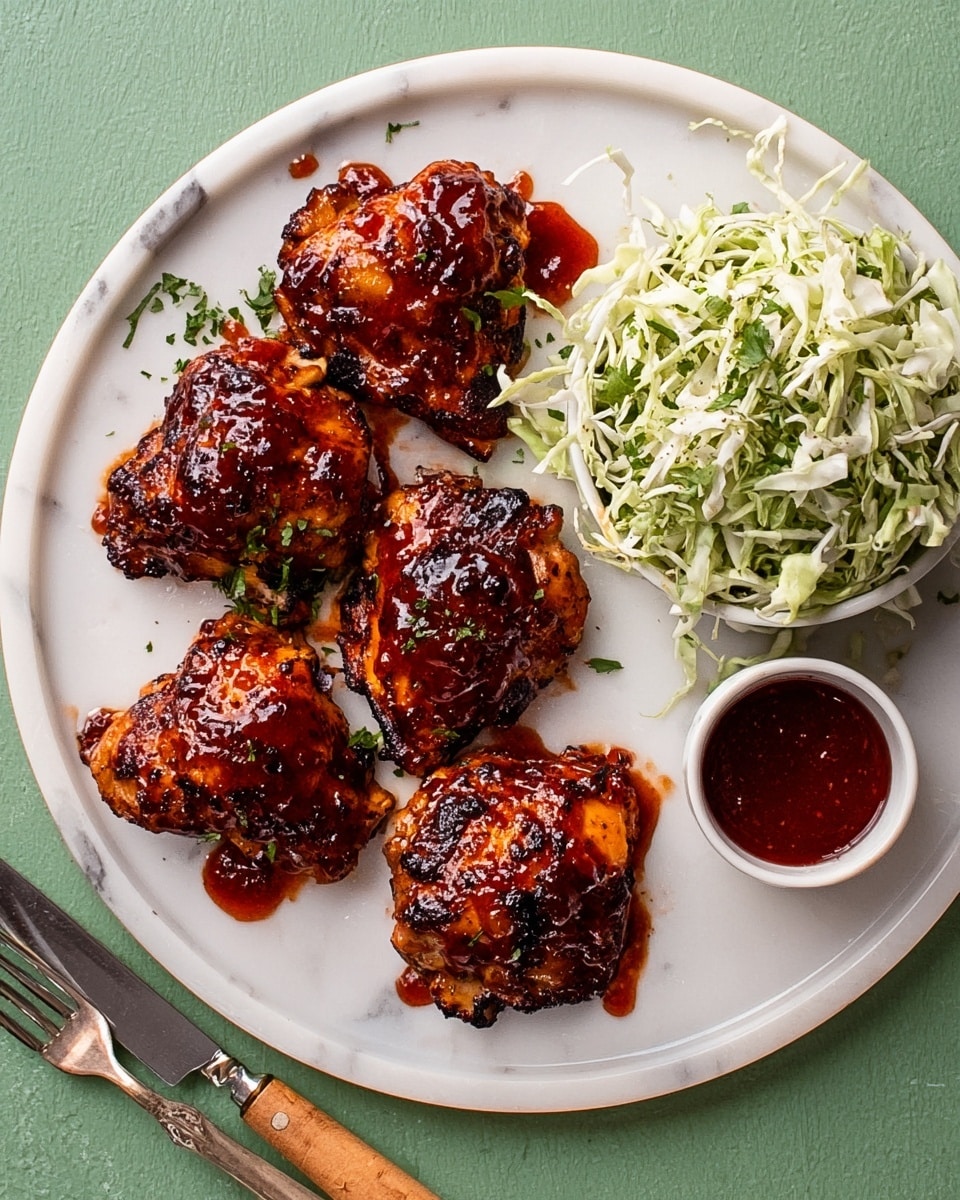 A white plate with six pieces of grilled chicken covered in a dark red sauce that looks sticky and slightly shiny. On the right side of the plate, there is a small white bowl filled with pale green and white coleslaw with thinly shredded cabbage and some green herbs mixed in. Near the bottom left of the plate, there is a small white container holding extra reddish sauce. The plate rests on a white marbled surface. Photo taken with an iphone --ar 4:5 --v 7