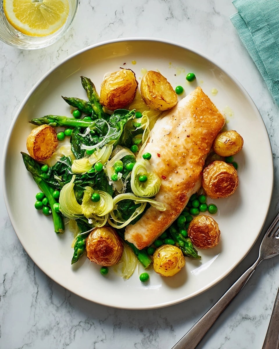 The dish is served on a round white plate placed on a white marbled surface. At the center is a single golden-brown cooked fish fillet with a smooth texture. Around the fillet are five golden roasted small potatoes with crispy skins, some cut in half showing soft insides. Bright green peas are scattered across the plate, adding small pops of color. To one side, there is a mix of green vegetables including vibrant asparagus spears and chopped leeks, with a slight gloss from cooking oil. The overall look is warm and fresh with a mix of golden and green tones. Photo taken with an iphone --ar 4:5 --v 7