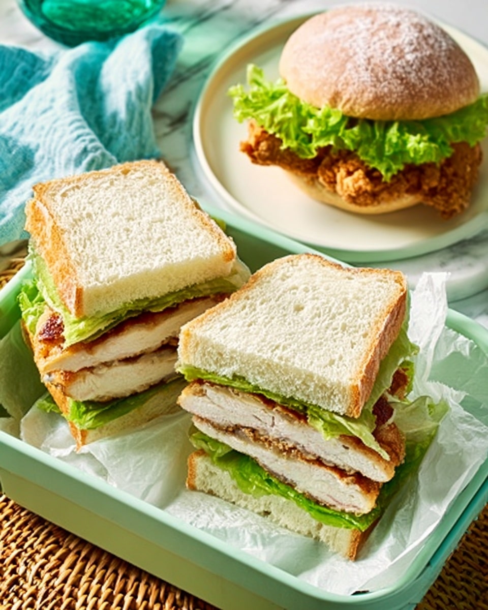The image shows two chicken sandwiches inside a light green metal container. Each sandwich has three main layers: a soft white bun on top, green leafy lettuce in the middle, and a thick piece of cooked chicken breast with a light brown outside and white inside at the bottom, with some red sauce visible near the chicken. Next to the container on a white plate, there is a third sandwich with the same layers, slightly tilted to show more of the chicken and lettuce. The background is a white marbled texture, with a woman's hand holding a turquoise cloth nearby. photo taken with an iphone --ar 4:5 --v 7