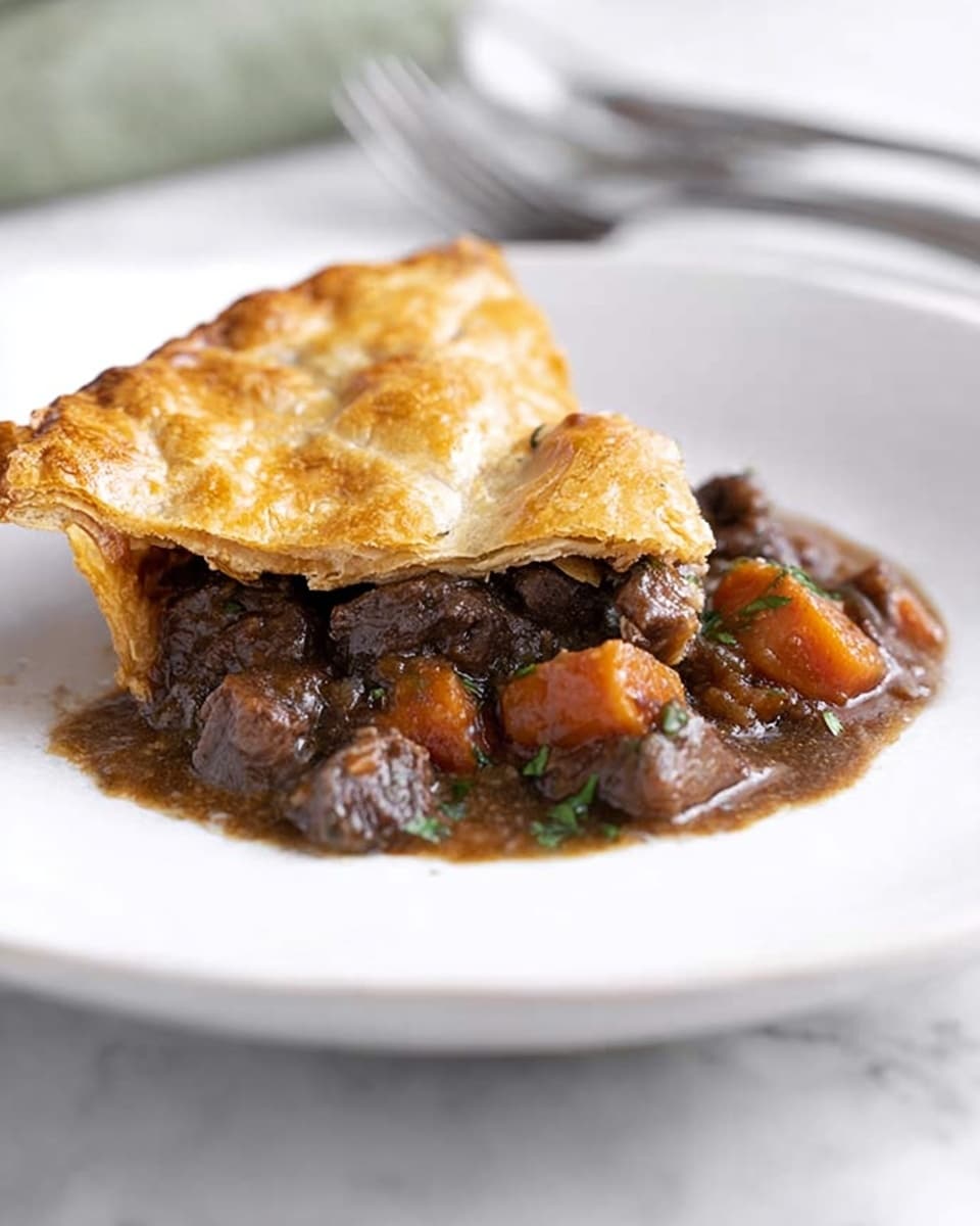 A small slice of beef pot pie sits in the center of a white plate, resting on a white marbled surface. The bottom layer is a rich, thick brown stew with visible chunks of diced carrots and tender pieces of beef, speckled with some green herbs. The top layer is a golden-brown, flaky triangular pastry crust that covers half of the stew. In the background, part of a white napkin and silver fork are softly visible, slightly out of focus. photo taken with an iphone --ar 4:5 --v 7