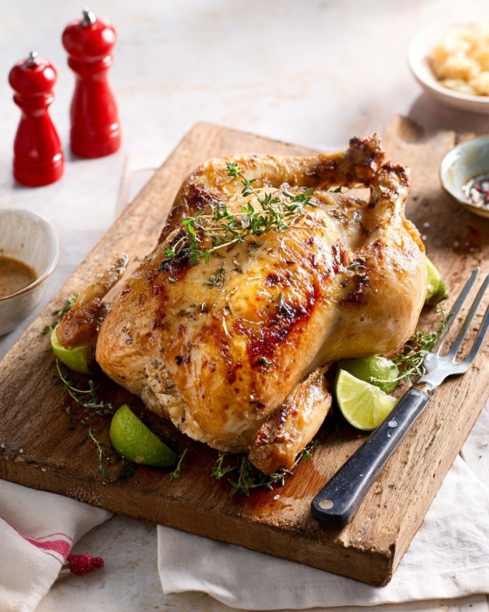 The image shows a golden-brown roasted whole chicken placed on a rustic wooden board. The chicken is seasoned with herbs on its crispy skin, and two lemon halves are tucked underneath its body, adding a hint of yellow. Fresh green herbs are scattered on top and around the chicken, giving a fresh look. A large fork with a dark handle lies on the left side of the board. In the background, there are bowls and a white linen cloth with red stripes resting on a white marbled surface. Photo taken with an iphone --ar 4:5 --v 7