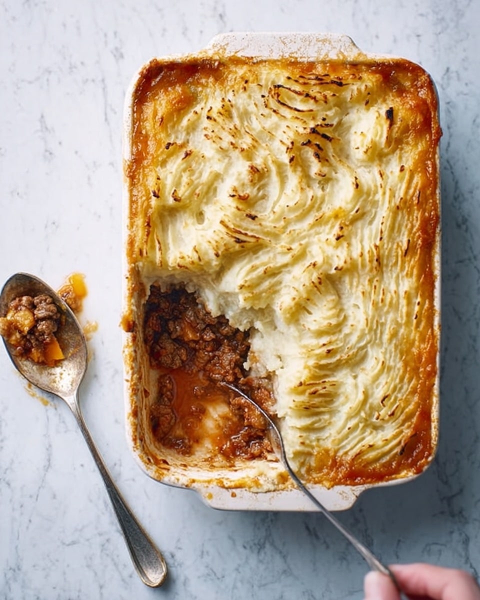A white rectangular dish filled with layered shepherd's pie, showing a thick, golden brown crust of mashed potatoes on top with textured swirls and peaks. Underneath, there is a layer of brown ground meat mixed with a reddish sauce, visible where a portion is missing from the corner. The edges of the dish are slightly browned. A silver spoon with some mashed potato and meat rests on the white marbled surface next to the dish. Photo taken with an iphone --ar 4:5 --v 7