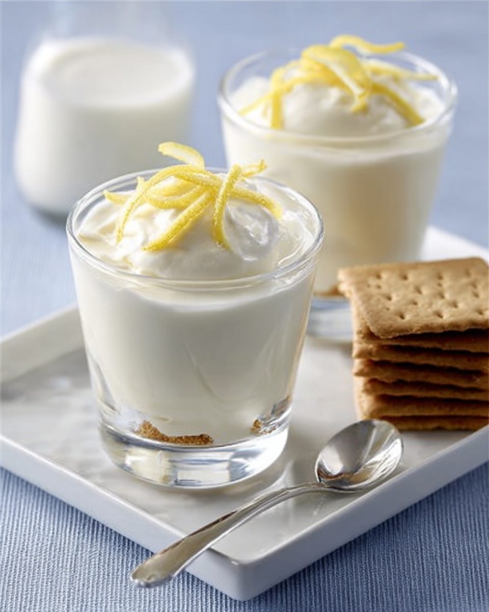 The image shows two clear glasses filled with a creamy white dessert that looks smooth and thick, topped with swirls of whipped cream and thin strips of yellow lemon zest on top of each glass. The glasses are placed on a white rectangular plate that holds a small stack of four light brown rectangular crackers with rough texture beside them. Two shiny metal spoons rest on the edge of the plate. The entire scene is placed on a white marbled textured surface with a soft blue background softly out of focus, giving a clean and fresh feel. photo taken with an iphone --ar 4:5 --v 7