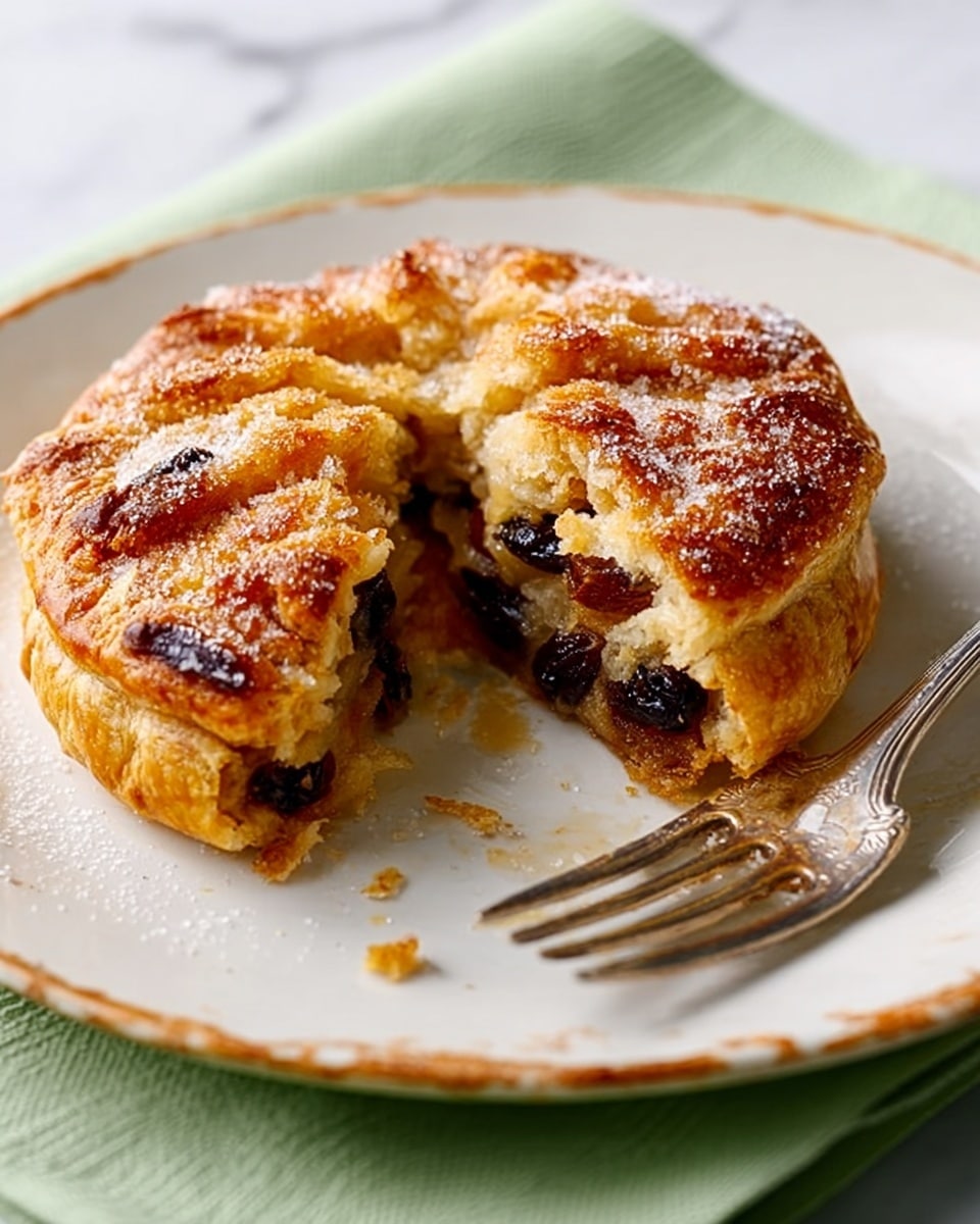The image shows a round, golden-brown pastry with a crispy, flaky crust on the outside, placed on a white plate with a slightly distressed rim. The pastry is cut in half revealing a filling made of dark raisins and light brown chunks, which look soft and moist. The top layer of the pastry has sugar crystals, giving it a shiny look. A silver fork is placed on the right side of the plate. The plate sits on a light green cloth on a white marbled surface. Photo taken with an iphone --ar 4:5 --v 7