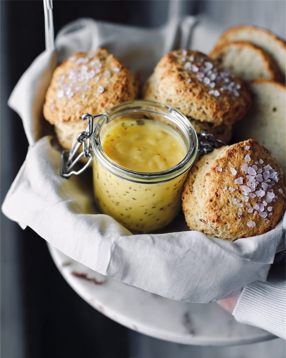 The image shows a white bowl lined with a white cloth holding four golden-brown scones, each topped with coarse sugar crystals that add a sparkling texture. In the middle of the bowl, there is a transparent jar filled with a creamy yellow spread that has visible black seeds or specks, suggesting passion fruit or similar fruit jam. The bowl is placed against a soft, blurred background with hints of muted colors and the surface beneath the bowl is a white marbled texture. The scene captures a cozy and inviting feeling of fresh baked goods ready to eat. Photo taken with an iphone --ar 4:5 --v 7