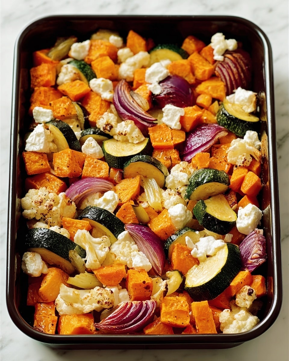 A white pan filled with a colorful bake of chopped vegetables and cheese, showing about three layers: the bottom layer is chunky orange pieces of roasted squash, the middle layer consists of round green slices of zucchini and large wedges of purple onion, and the top layer is scattered soft white cheese crumbles that slightly melt into the vegetables, all sitting on a white marbled surface. photo taken with an iphone --ar 4:5 --v 7