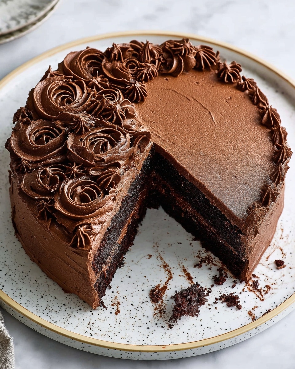 A round chocolate cake with one slice missing sits on a white plate with speckled brown dots and a gold rim, placed on a white marbled surface. The cake has two visible layers: a dark, moist chocolate base and a smooth layer of thick, light brown chocolate frosting covering the top and sides. The frosting is decorated with piped swirls and rosettes clustered on one side, while the rest of the top has a smooth finish with a few small piped rosettes near the cut edge. Some crumbs are scattered on the plate near the missing slice. Photo taken with an iphone --ar 4:5 --v 7