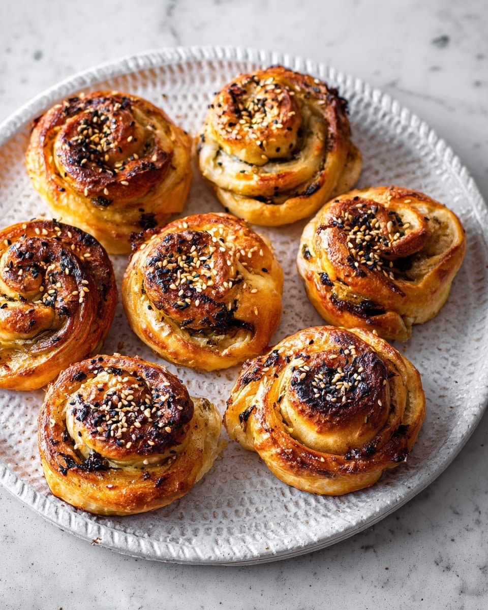 Seven golden-brown swirl buns with visible layers of dough twisted with dark pieces, possibly olives or spices, are placed on a white textured plate. Each bun is topped with a sprinkling of black and white sesame seeds that add extra texture, with some buns showing a lightly charred surface that highlights their baked crispiness. The buns are arranged unevenly on the plate, which sits on a white marbled surface. photo taken with an iphone --ar 4:5 --v 7