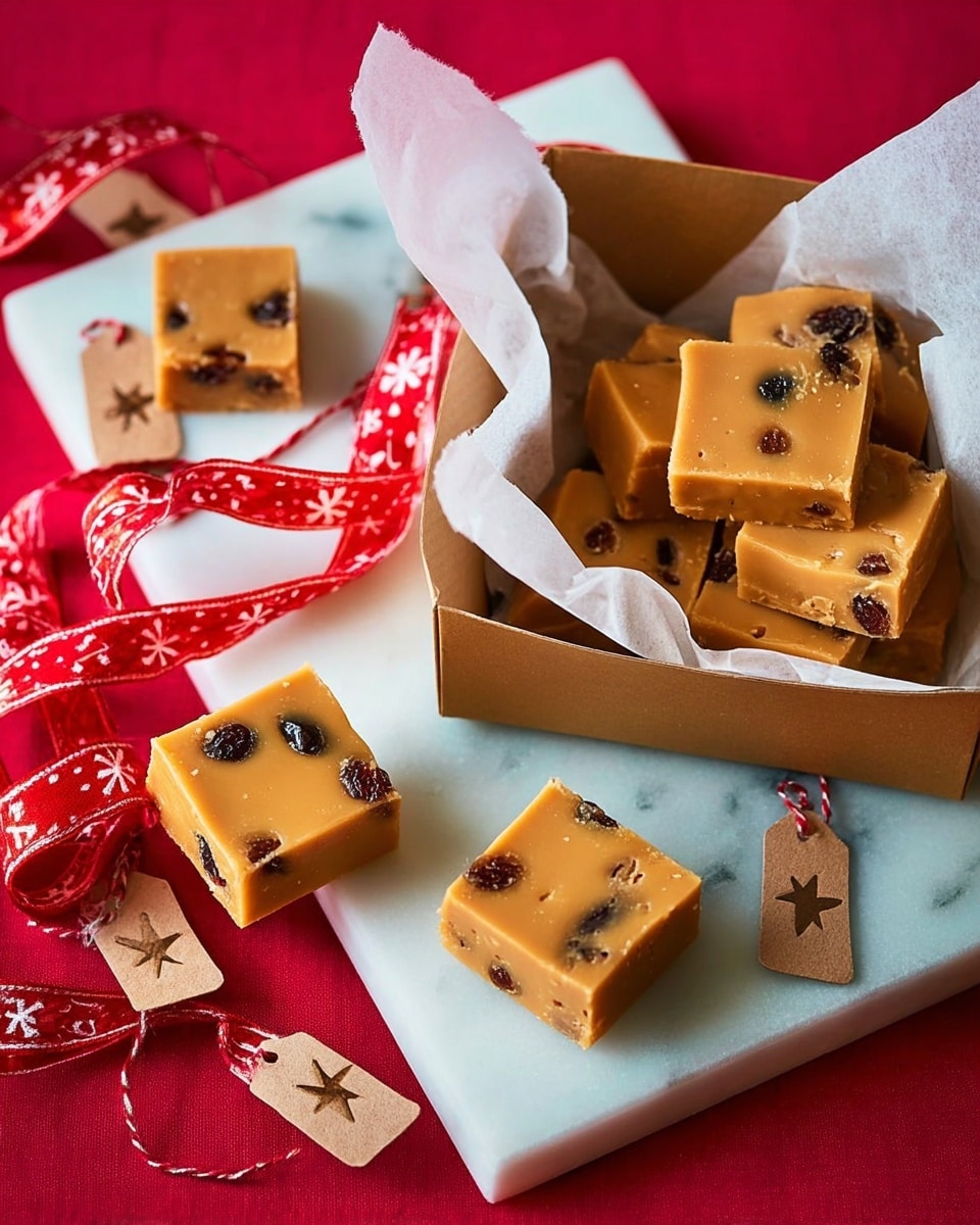 The image shows several square pieces of caramel-colored fudge with dark raisins embedded in them. Four pieces are placed on a white marbled square surface, arranged loosely with one piece slightly on top of another. Below this surface, a brown box filled with white parchment paper holds three more pieces of the same fudge, neatly settled inside. Two brown tags with white star ornaments attached by strings rest partially inside the box, with a red ribbon decorated with white snowflake patterns flowing around them. The background is a smooth, bright red surface. Photo taken with an iphone --ar 4:5 --v 7