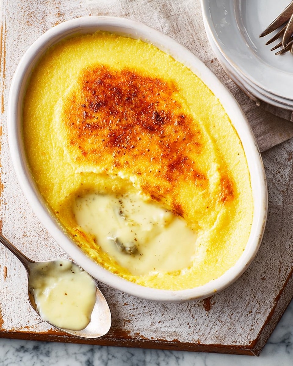 The dish is served in an oval white bowl placed on a white marbled surface with a rustic wooden board underneath. It has two main layers visible: the bottom layer is a smooth, creamy yellow mixture with a slightly glossy texture, while the top layer is a slightly browned, golden crust sprinkled with fine brown seasoning or spice. One corner of the top layer has been scooped out, revealing a thick, pale creamy layer beneath the golden crust. A spoon with some creamy mixture on it rests next to the bowl. Photo taken with an iphone --ar 4:5 --v 7