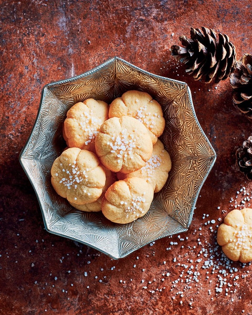 A star-shaped silver metal bowl with intricate floral patterns holds about eight round, golden brown cookies topped with coarse white sugar crystals. The bowl sits on a rough rusty-brown surface, with a couple of pinecones and a twig nearby. One cookie rests outside the bowl on the surface. The cookies have a soft, slightly puffy texture and a warm, baked color contrast with the shiny, detailed bowl. photo taken with an iphone --ar 4:5 --v 7