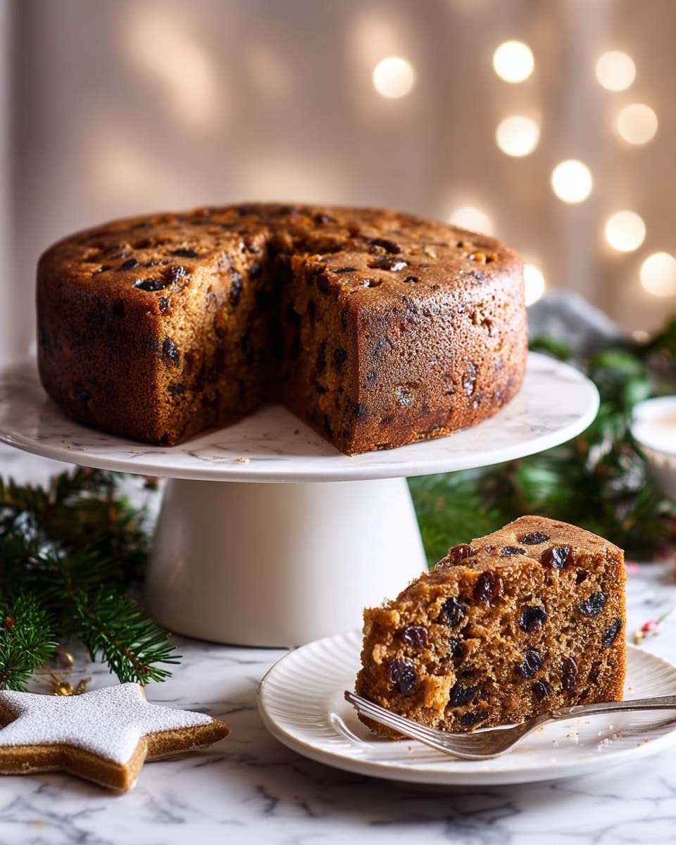 A tall, round fruitcake with a brown, rough textured top and sides, filled with dark dried fruits and nuts, sits on a white cake stand with a wide base. A large slice is cut out, showing the dense, dark interior full of raisins and nuts. In front, the slice is placed on a white plate with a slightly rough edge, and a fork rests beside it. Green pine branches and small star-shaped cookies with white icing surround the scene on a white marbled surface, and golden bokeh lights glow softly in the blurred background. Photo taken with an iphone --ar 4:5 --v 7