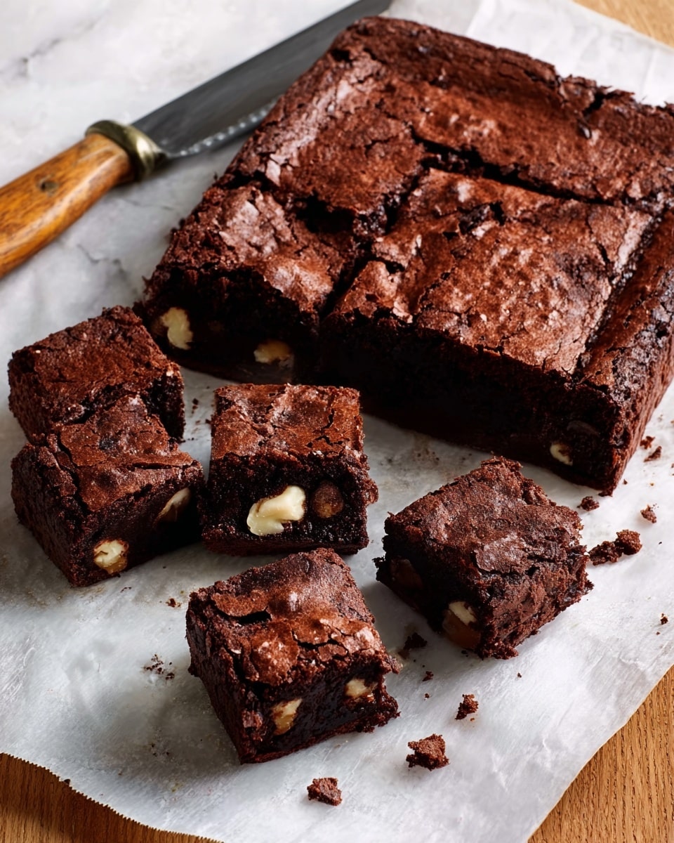The image shows a group of thick, dark chocolate brownies cut into squares and placed on white parchment paper. The brownies have a rough, cracked top layer with a slightly crumbly texture. Inside, you can see a dense, moist dark brown layer with visible white chocolate chunks spread unevenly throughout. The background is a wooden surface, but the brownies rest on white parchment. There is also a knife with a wooden handle placed next to the brownies, partially resting on the parchment paper. photo taken with an iphone --ar 4:5 --v 7