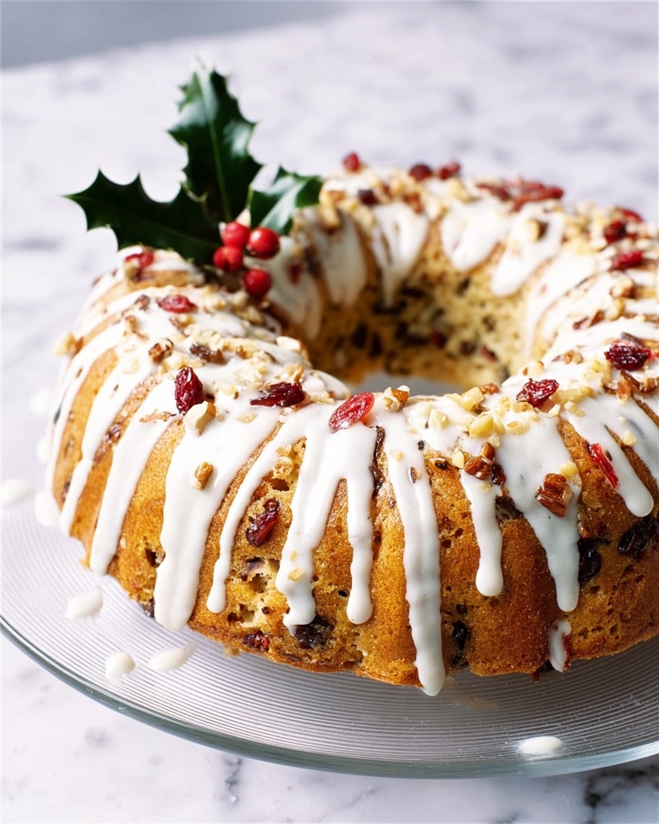 A round, ring-shaped cake with a golden-brown crust sits on a clear glass plate over a white marbled surface. The cake has a glazed white icing drizzled in thin lines over the top, creating a striped effect. Scattered on the cake are small red dried fruit pieces and bits of nuts, adding texture and color contrast. The cake looks soft and moist with visible dark spots inside from the fruit or nuts in the dough. A small green holly decoration with leaves and red berries is placed near the top left side of the cake. The background is a soft, pale shade, complementing the cake's warm tones. Photo taken with an iphone --ar 4:5 --v 7
