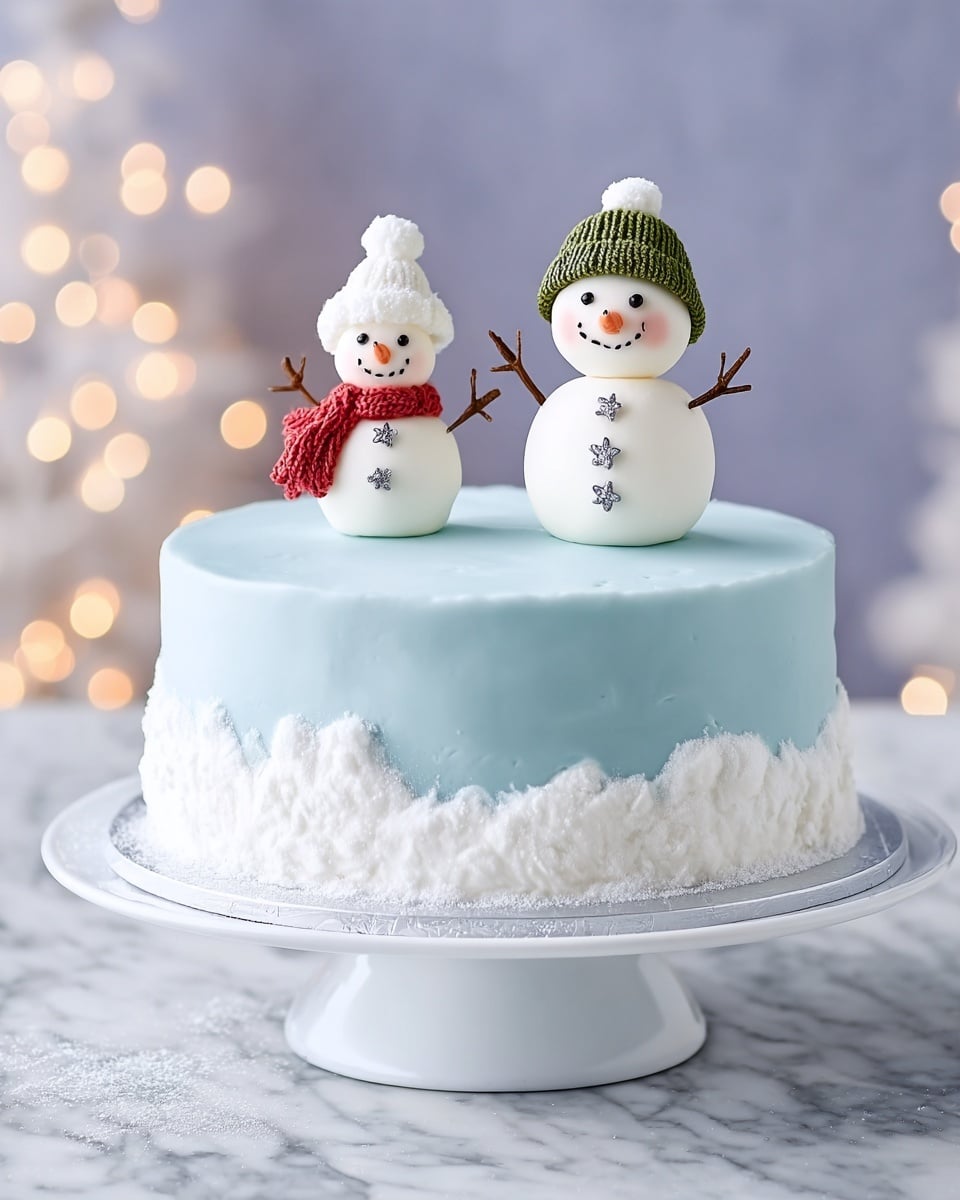 The image shows a round cake covered in smooth light blue fondant with a white snowy border around the bottom edge that looks like soft snow. On top are two small snowmen made of white fondant; each snowman has three round layers stacked, with the smaller one wearing a red scarf and the larger one wearing a green hat. The snowmen have small black eyes, mouths, and buttons, with tiny stick arms. The cake is displayed on a white cake stand, placed on a white marbled surface. Photo taken with an iphone --ar 4:5 --v 7