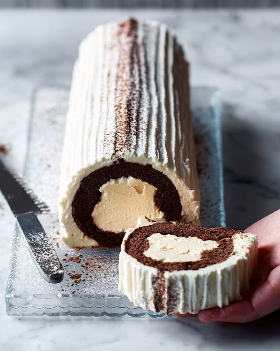 A sliced log-shaped cake sits on a clear glass tray with a woman’s hand gently holding the slice. The cake has three layers: the outermost is a white cream with subtle vertical ridges and light brown dusting on top, the middle layer is a rich dark brown chocolate sponge, and the center is filled with a smooth beige ice cream. The glass tray is on a white marbled surface with a shiny knife beside it, which has some cake crumbs on the blade. The lighting softly highlights the texture and layers of the cake. photo taken with an iphone --ar 4:5 --v 7