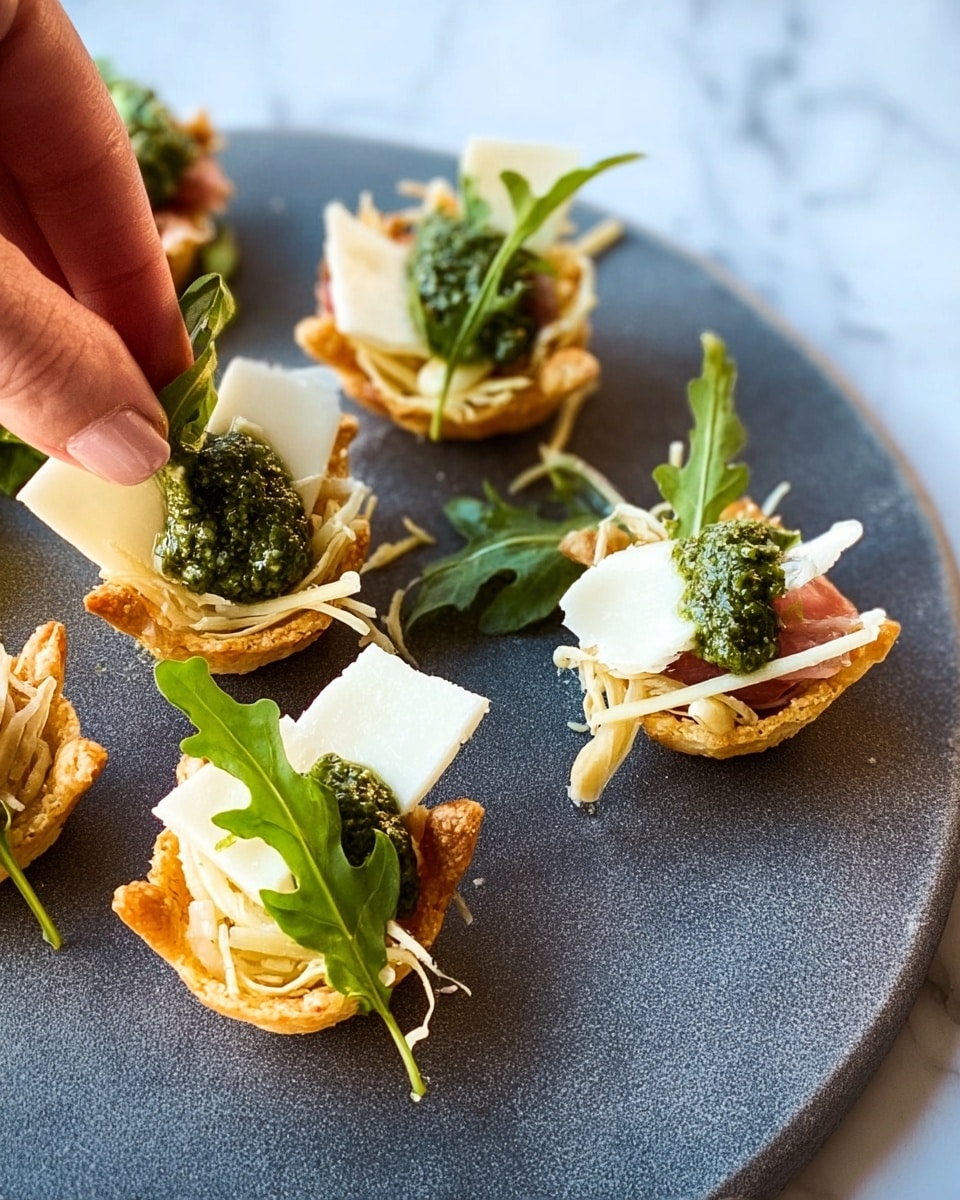 The image shows a round white plate with six small bite-sized appetizers arranged in an irregular pattern on a white marbled surface background. Each appetizer has three layers: the bottom layer is a light golden-brown crispy cup holding the snack, the middle layer is a dollop of creamy white cheese, and the top layer has a small pile of green leafy arugula and a spoonful of green pesto sauce with a slightly chunky texture. In the bottom right corner, part of the plate shows thin brown breadsticks and slices of reddish-brown cured meat with white cheese. Photo taken with an iphone --ar 4:5 --v 7