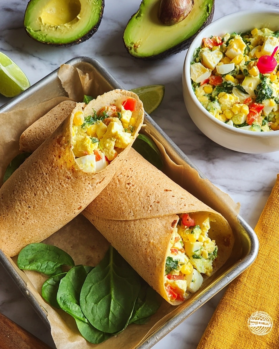 A wrapped tortilla sandwich lies on a white rectangular tray lined with parchment paper, secured with a small red skewer; the tortilla is light brown with a slightly grainy texture, folded to reveal a filling of chopped boiled egg, avocado, sweet corn, diced red peppers, and a creamy mixture, showing layers of white, yellow, green, and red colors. On the same tray near the wrap, three fresh spinach leaves rest, dark green and smooth, while a halved lime with a light green interior sits nearby. To the left of the tray, a halved avocado with bright green flesh and a large brown pit is placed next to a white bowl filled with the same chunky egg and vegetable mix. The scene is on a white marbled texture surface with a yellow cloth partially visible to the side. Photo taken with an iphone --ar 4:5 --v 7